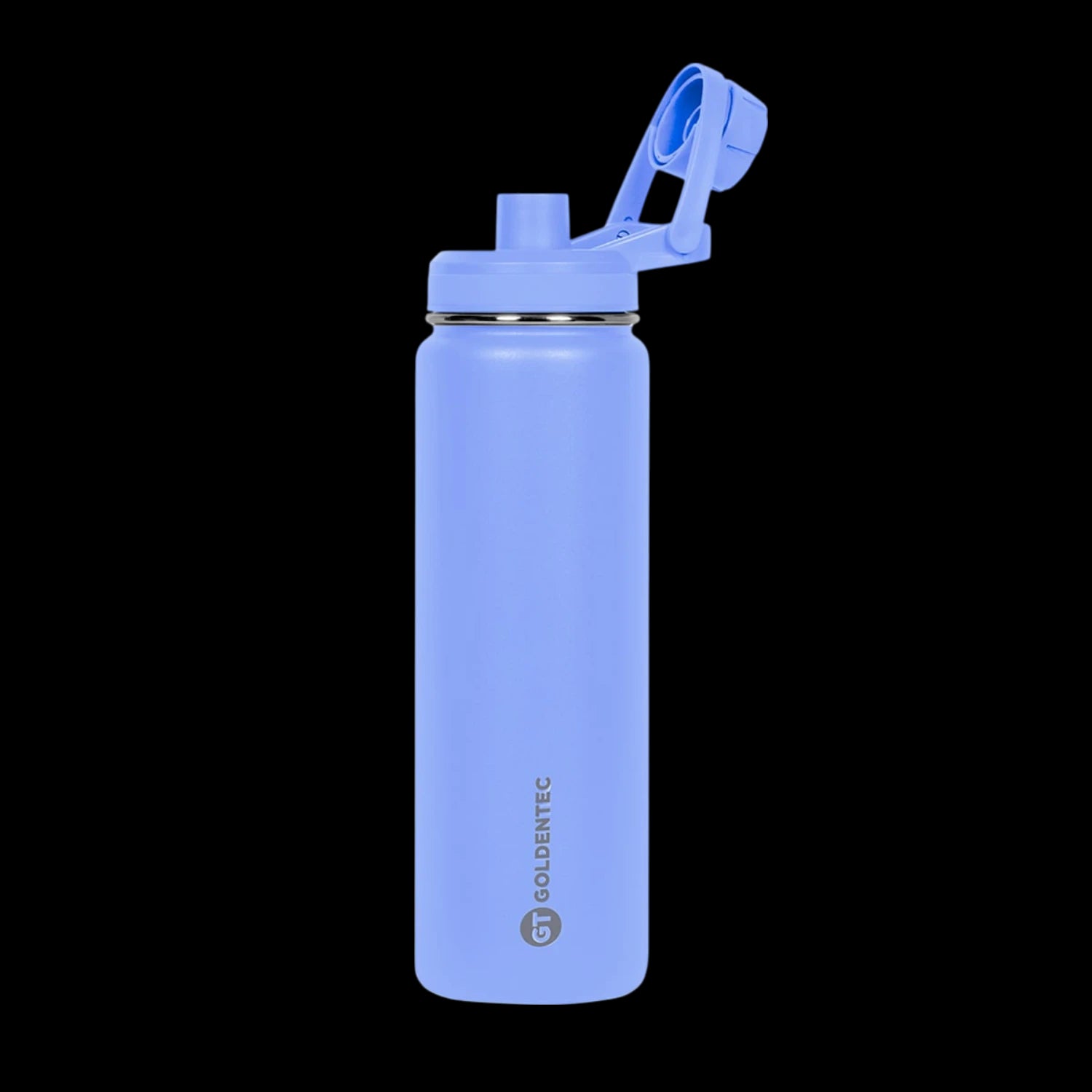 Garrafa Térmica Goldentec 750ml azul com tampa, mantém bebidas quentes por 12h e frias por 24h, estilo e eficiência para o dia a dia.