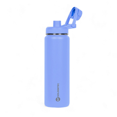 Garrafa Térmica Goldentec 750ml azul com tampa, mantém bebidas quentes por 12h e frias por 24h, estilo e eficiência para o dia a dia.