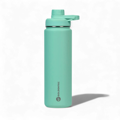 Garrafa Térmica Goldentec 750ml verde, qualidade premium com isolamento a vácuo para líquidos quentes e frios, estilo e eficiência térmica.