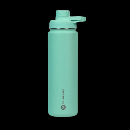 Garrafa Térmica Goldentec 750ml verde, qualidade premium com isolamento a vácuo para líquidos quentes e frios, estilo e eficiência térmica.