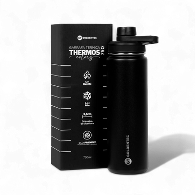 Garrafa Térmica Goldentec 750ml preta com caixa, mantendo bebida quente por 12h e fria por 24h, design moderno e sustentável.
