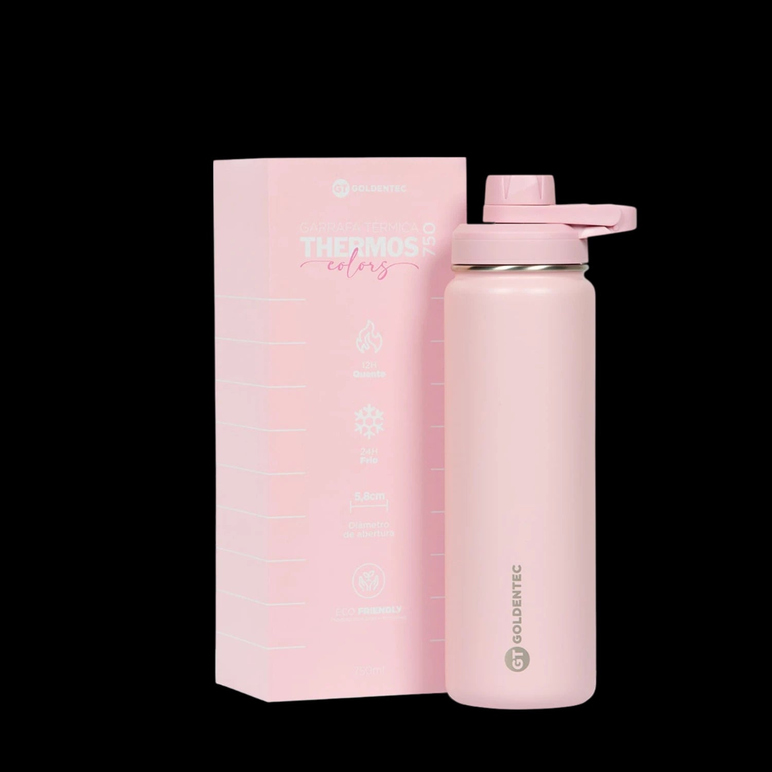 Garrafa Térmica Goldentec 750ml pink ao lado de caixa Thermos Colors, mantém bebidas quentes por 12h e frias por 24h.