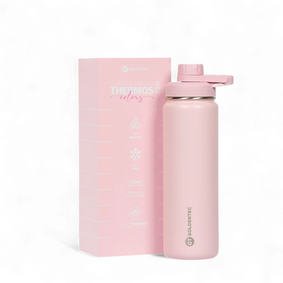 Garrafa Térmica Goldentec 750ml pink ao lado de caixa Thermos Colors, mantém bebidas quentes por 12h e frias por 24h.