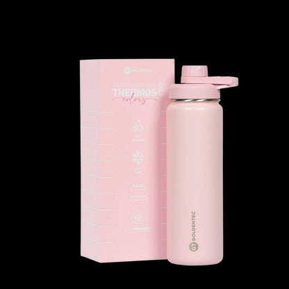 Garrafa Térmica Goldentec 750ml pink ao lado de caixa Thermos Colors, mantém bebidas quentes por 12h e frias por 24h.