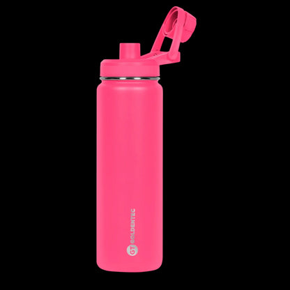 Garrafa Térmica Goldentec 750ml rosa, mantendo bebidas quentes por 12 horas e frias por 24 horas, com isolamento a vácuo.