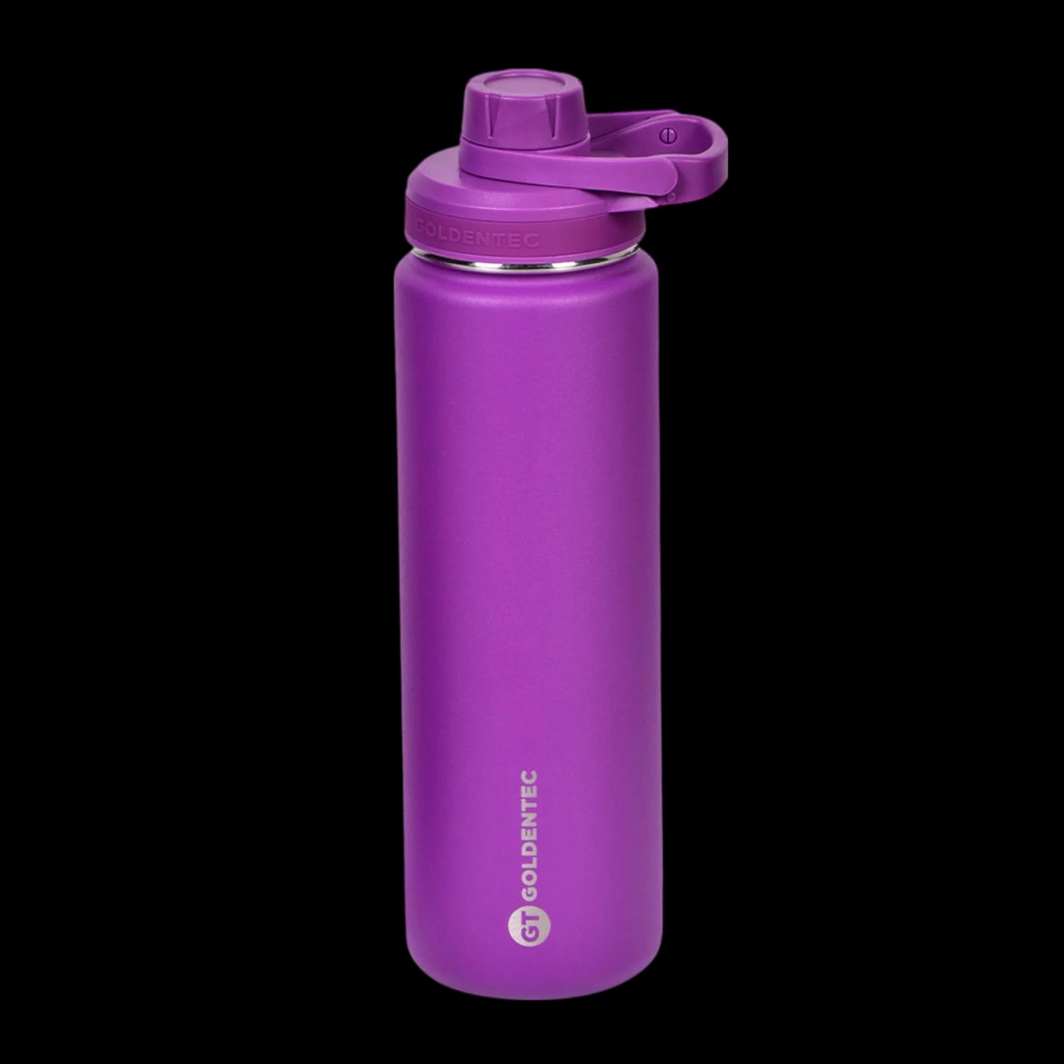 Garrafa Térmica Goldentec 750ml roxa com isolamento térmico, ideal para manter bebidas quentes por 12h e frias por 24h.