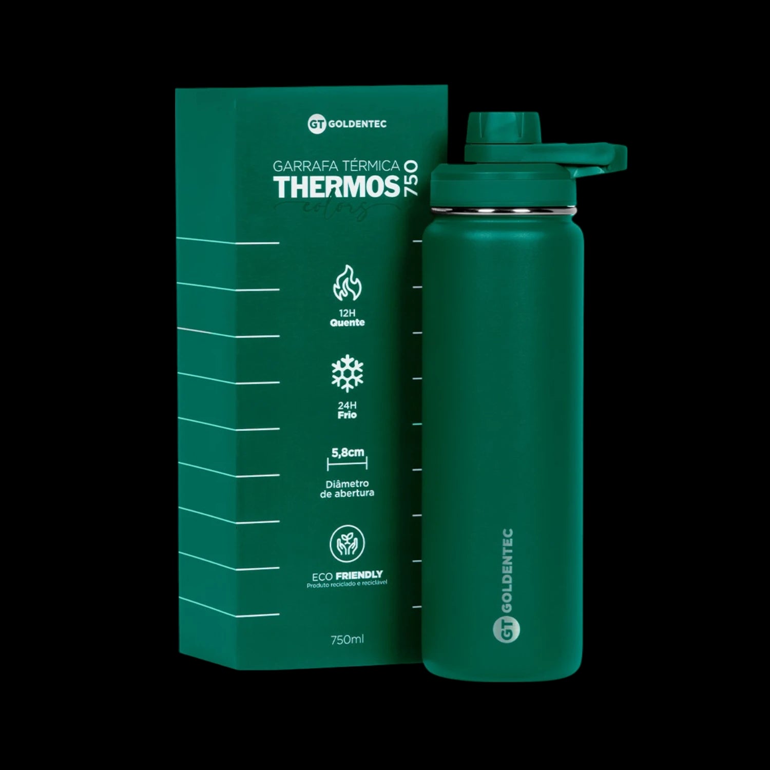 Garrafa Térmica Goldentec 750ml, mantém bebidas quentes por 12h e frias por 24h, design em aço inoxidável e isolamento a vácuo.