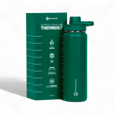 Garrafa Térmica Goldentec 750ml, mantém bebidas quentes por 12h e frias por 24h, design em aço inoxidável e isolamento a vácuo.
