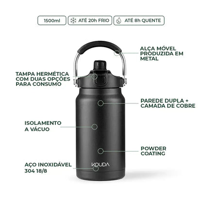 Garrafa Térmica Kouda Serrano – 1,5L, aço inox, 8h quente, 18h frio, tampa hermética, parede dupla, ideal para casa ou escritório.