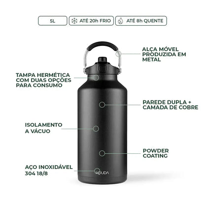 Garrafa Térmica Kouda Serrano – 5L com isolamento a vácuo e aço inoxidável, mantém líquidos quentes por 8h e frios por 20h.