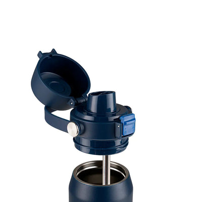 Garrafa Térmica Kouda Vega – 500ml com tampa azul aberta, ideal para transporte prático e conservação térmica.