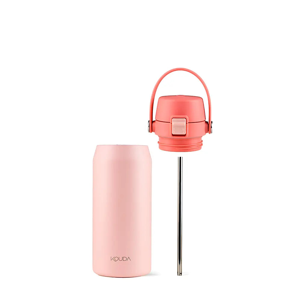 Garrafa Térmica Kouda Vega – 500ml rosa, tampa removível e canudo, ideal para transporte diário.