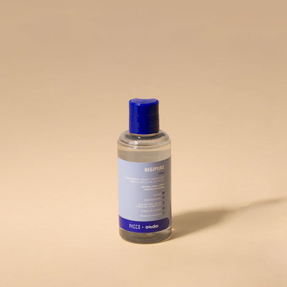 Higienizador Higipure 150ml, produto sustentável da PACCO para limpeza de garrafas, fórmula vegana e biodegradável.