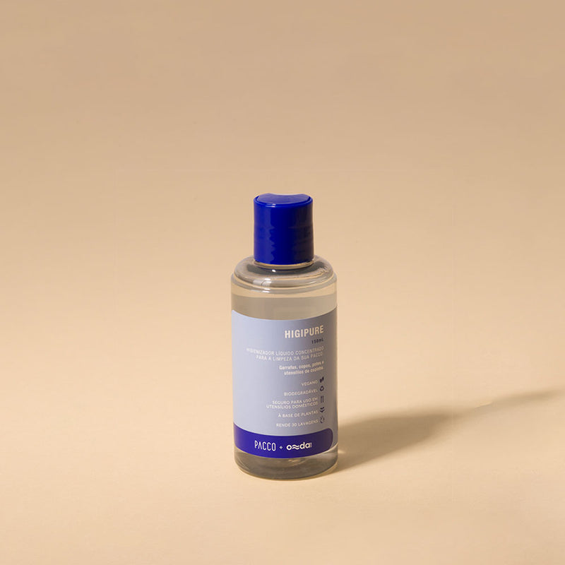 Higienizador Higipure 150ml, produto sustentável da PACCO para limpeza de garrafas, fórmula vegana e biodegradável.