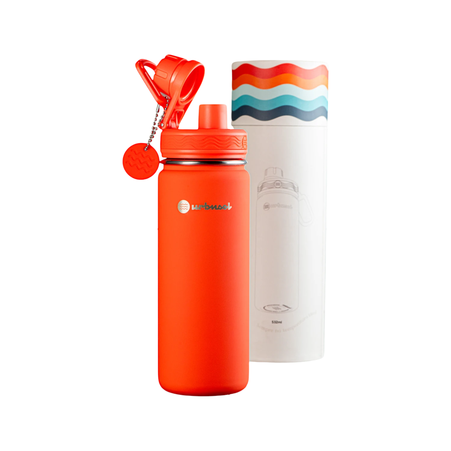 Garrafa Térmica Urbnsol 532ml - Core e Waves em vermelho com embalagem, mantém bebidas quentes por 12h e frias por 24h, aço inoxidável.