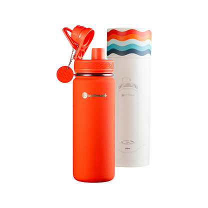 Garrafa Térmica Urbnsol 532ml - Core e Waves em vermelho com embalagem, mantém bebidas quentes por 12h e frias por 24h, aço inoxidável.
