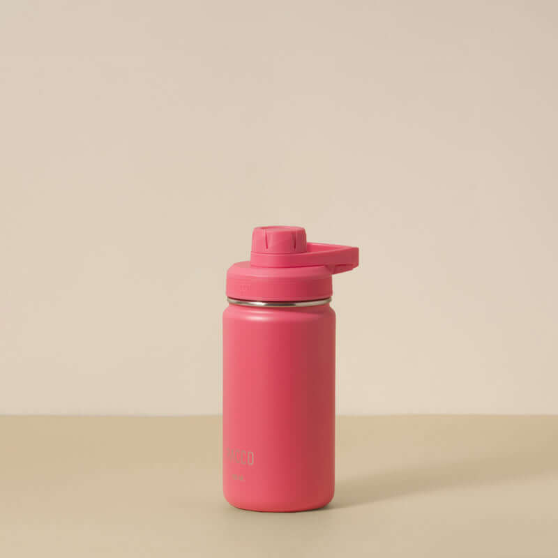 Garrafa Térmica PACCO Hydrav2 350ml rosa, design compacto com isolamento a vácuo, mantém bebidas frias por 24h e quentes por 12h.