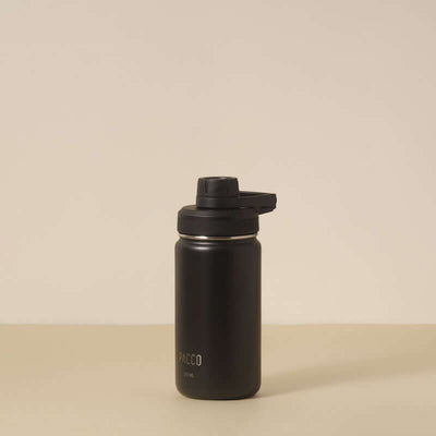 Garrafa Térmica PACCO Hydrav2 350ml preta com design elegante e isolamento a vácuo para manter bebidas refrigeradas ou quentes.