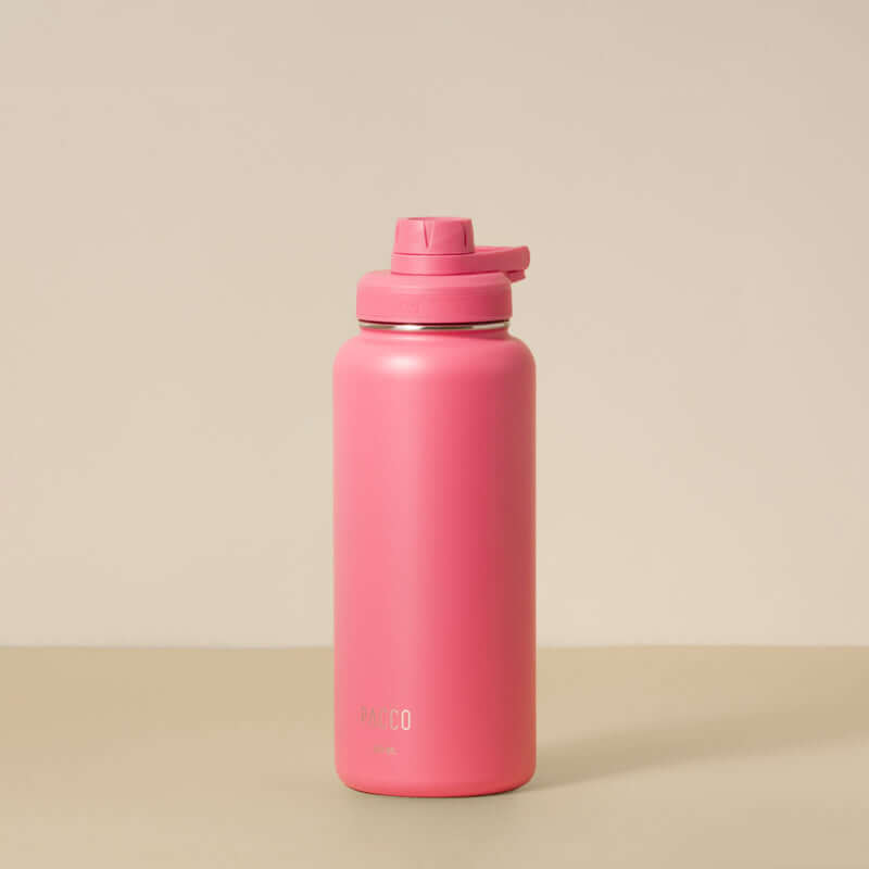 Garrafa Térmica PACCO Hydrav2 950ml rosa com isolamento térmico, ideal para manter bebidas frias por 24h ou quentes por 12h.