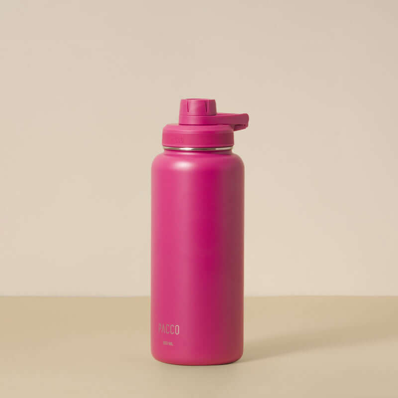 Garrafa Térmica PACCO Hydrav2 950ml rosa com design moderno e isolamento a vácuo para bebidas quentes e frias.