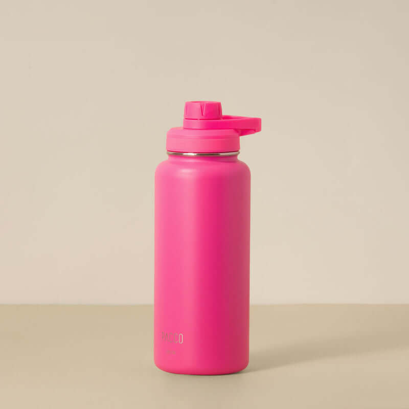 Garrafa Térmica PACCO Hydrav2 950ml rosa com isolamento a vácuo, mantém bebidas frias por 24h e quentes por 12h, design moderno.