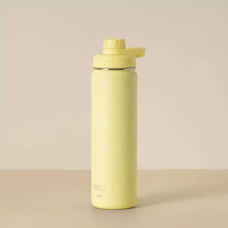 Garrafa Térmica PACCO Hydrav2 650ml amarela com design sofisticado, ideal para manter bebidas quentes ou frias por longas horas.