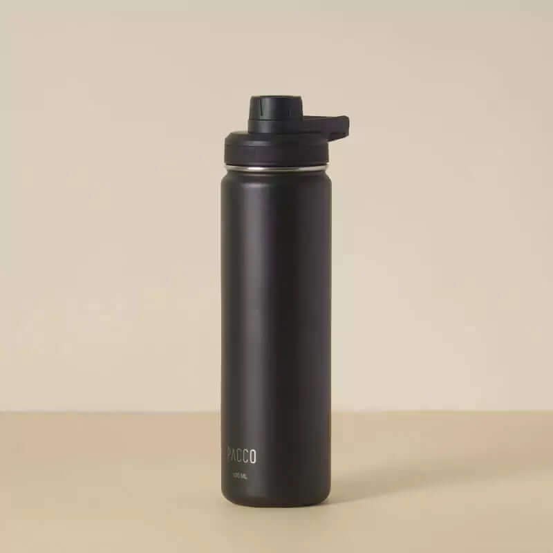 Garrafa Térmica PACCO Hydrav2 650ml em preto com design sofisticado e isolamento a vácuo para manter bebidas frescas ou quentes.