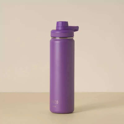 Garrafa Térmica PACCO Hydrav2 650ml em roxo sofisticado, ideal para manter bebidas frias ou quentes e adequada para trabalho e viagens.