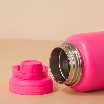Garrafa Térmica PACCO Hydrav2 1200ml rosa, tampa removida, vista de perto, ideal para manter bebidas quentes ou frias por longas horas.