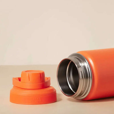Garrafa Térmica PACCO Hydrav2 350ml em laranja com tampa aberta, mostrando isolamento a vácuo de parede dupla