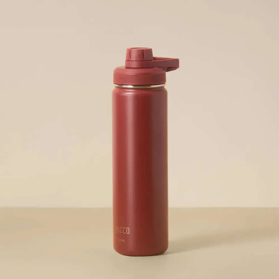Garrafa Térmica PACCO Hydrav2 650ml vermelha com design moderno e isolamento a vácuo para bebidas quentes ou frias.