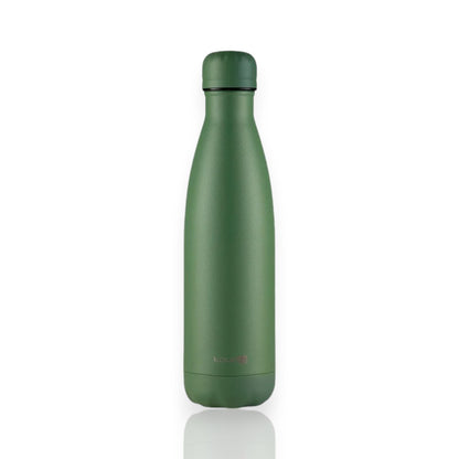 Garrafa Térmica Kouda Grey - 500ml com isolamento a vácuo e aço inoxidável SAE 304, resistente à corrosão e oxidação em verde.