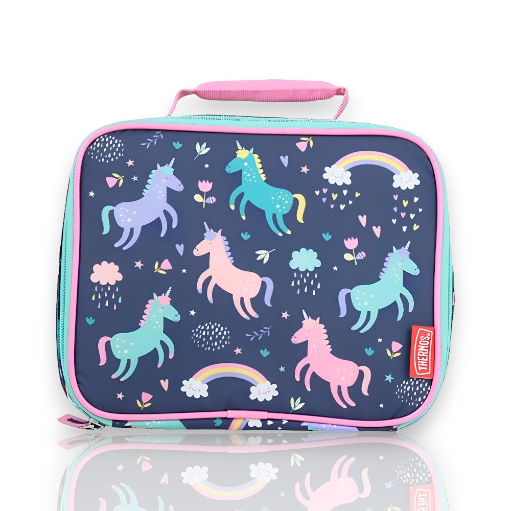 Lancheira Térmica - Thermos com design de unicórnios coloridos e arco-íris, ideal para manter os alimentos frescos por mais tempo.