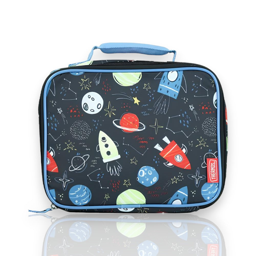 Lancheira Térmica - Thermos com design de foguetes espaciais, feita com isolamento e proteção antimicrobiana para manter a comida segura.