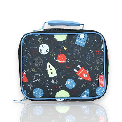 Lancheira Térmica - Thermos com design de foguetes espaciais, feita com isolamento e proteção antimicrobiana para manter a comida segura.