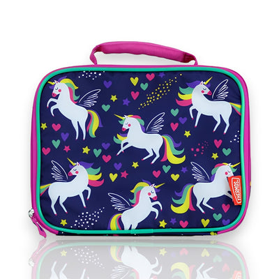 Lancheira Térmica - Thermos com design de unicórnios coloridos em fundo azul, ideal para manter alimentos frescos e seguros.