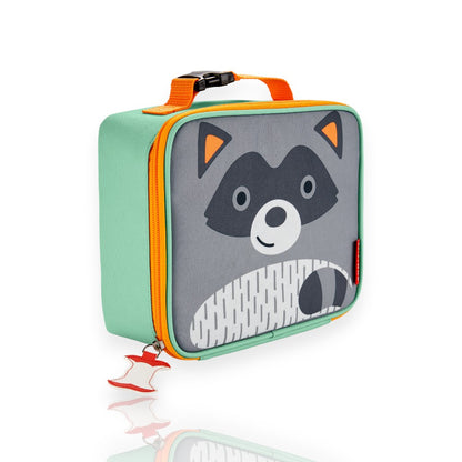 Lancheira Térmica Infantil Clássica Skip Hop com design de guaxinim, alça Clip-on e interior espaçoso para manter alimentos frescos.
