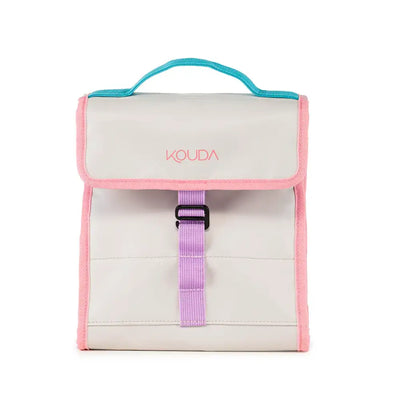 Lunch Bag Térmica Kouda Oly – 10 litros com design ajustável em rosa e azul. Ideal para transporte de alimentos com retenção térmica.