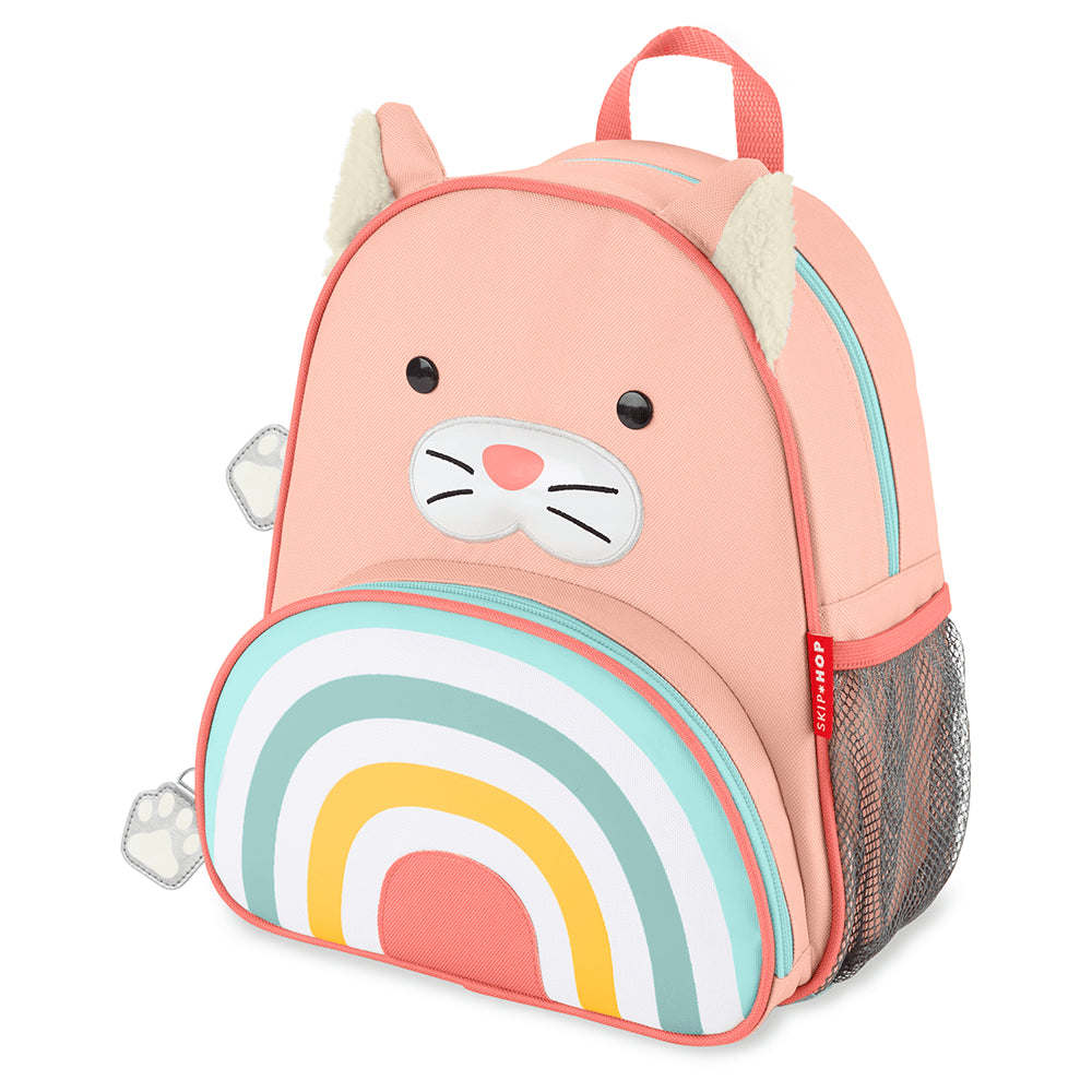 Mochila Infantil Zoo Skip Hop laranja com compartimento espaçoso, bolso frontal e alças acolchoadas ajustáveis, ideal para crianças.