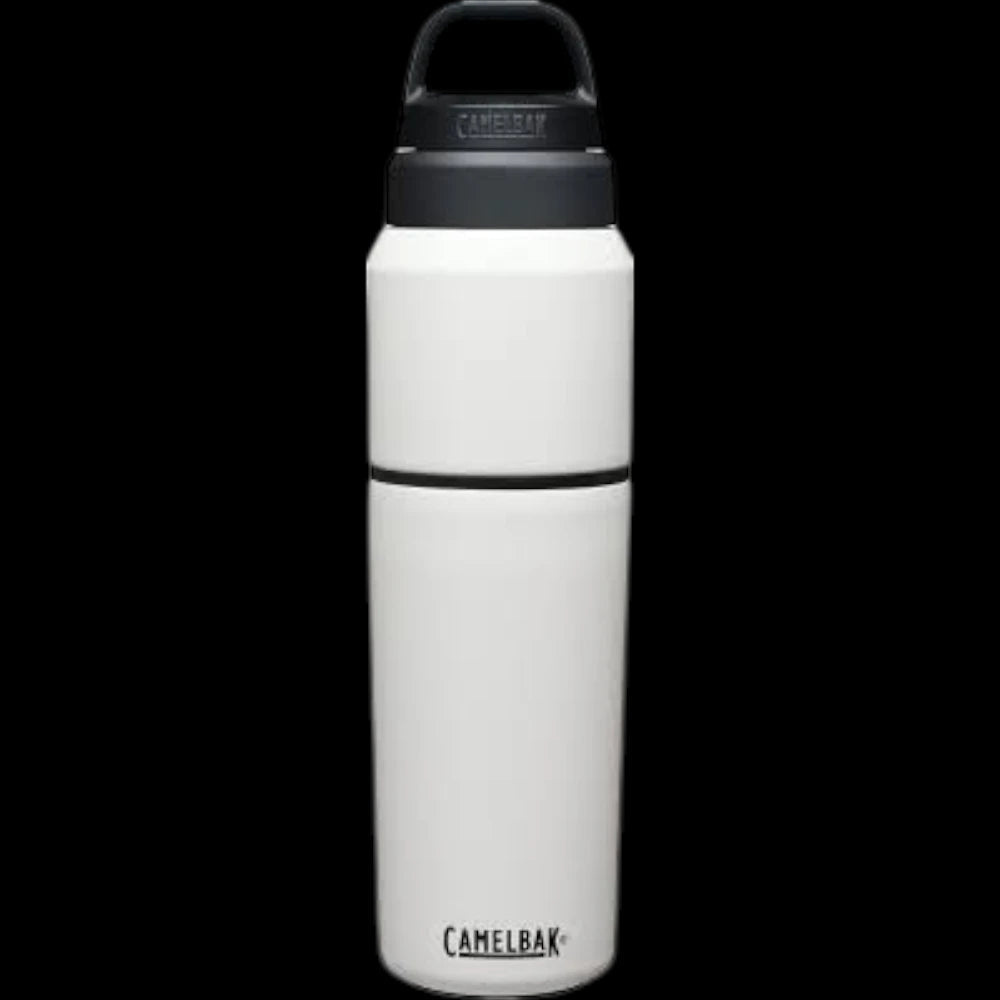 Garrafa Térmica Camelbak MultiBev 650ml branca com copo de viagem destacável, versátil e sustentável, ideal para bebidas quentes e frias.