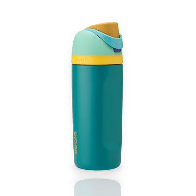 Garrafa Térmica Owala FreeSip - 470ml | 16oz com design moderno e isolamento triplo. Azul e amarela, vista lateral.
