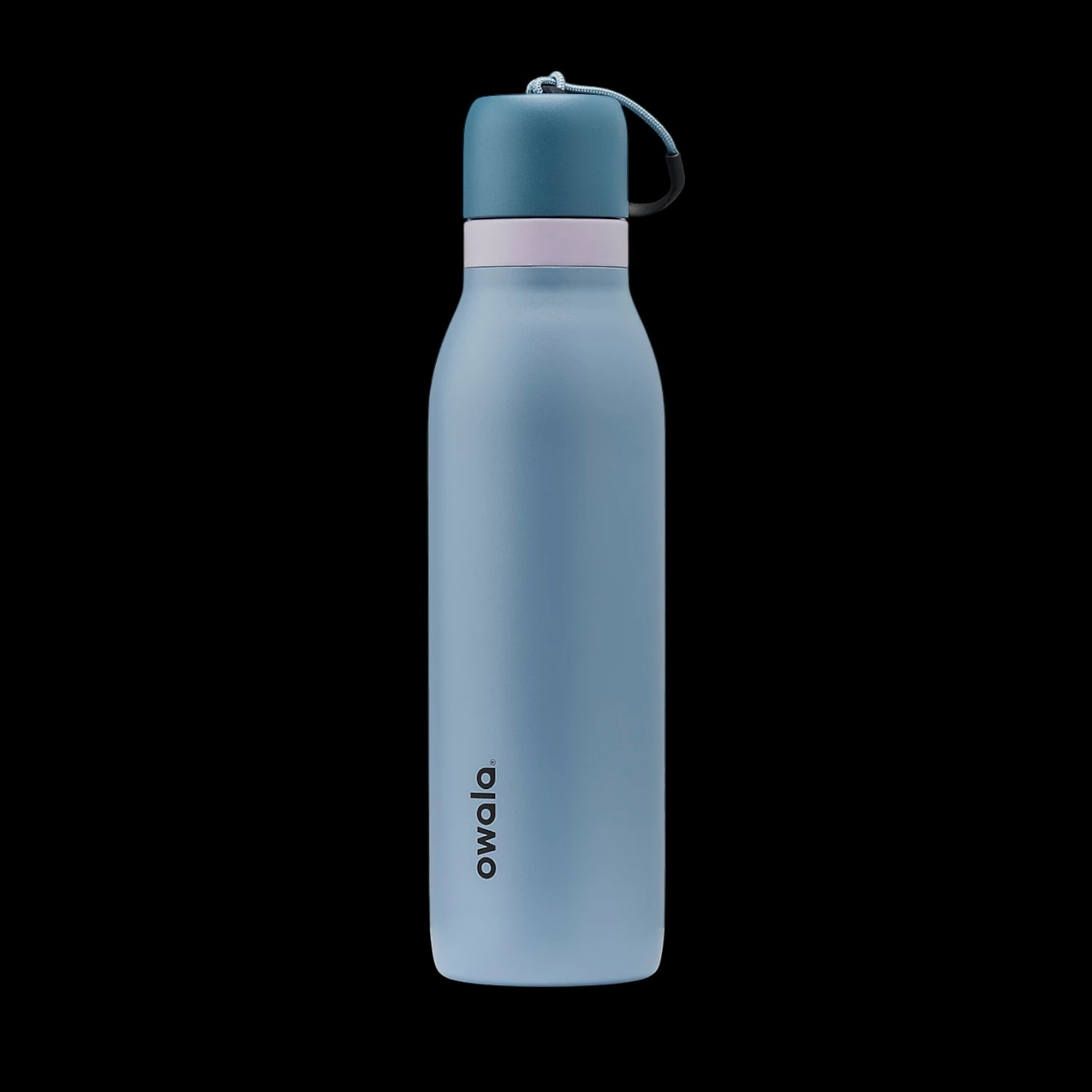 Garrafa Térmica Owala Twist - 532ml | 18oz, cor azul, em fundo preto, com bico FreeSip 2 em 1 e isolamento triplo em aço inox.
