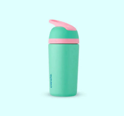 Garrafa Owala Flip Infantil Stainless Steel Termica | 14oz | 410ml, aço inoxidável, BPA-free, canudo prático, cor verde e rosa.