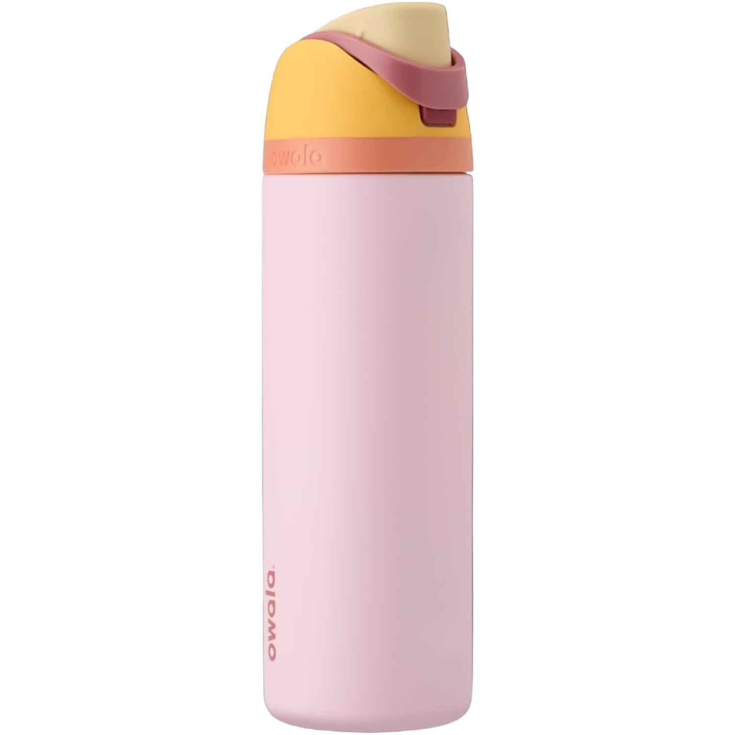 Garrafa Térmica Owala FreeSip - 710ml | 24oz cor rosa com tampa amarela e rosa, isolamento tripla parede, design inovador e estilo prático, em fundo preto.