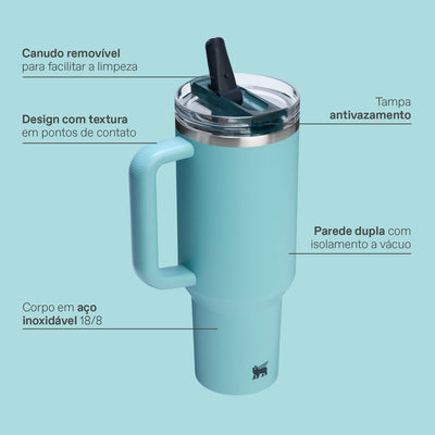 Copo Quencher Protour Stanley | 1,18L com tampa flip straw, isolamento a vácuo, design moderno e canudo removível em cor azul.