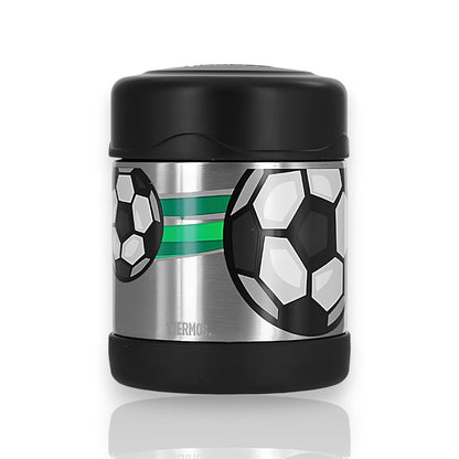 Pote Térmico Thermos Funtainer F300 - 290ml com design de futebol, durável e seguro, em aço inoxidável de parede dupla.