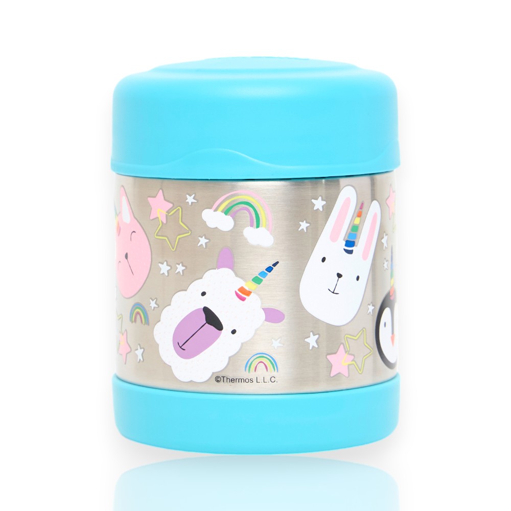 Pote Térmico Thermos Funtainer F300 - 290ml com design colorido de unicórnios e arco-íris, ideal para crianças.