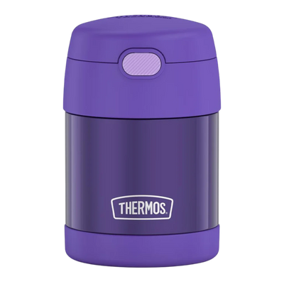 Pote Térmico Thermos ® 283g Funtainer roxo com isolamento a vácuo, mantém alimentos quentes ou frios, ideal para refeições infantis.