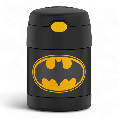 Pote Térmico Thermos ® 283g Funtainer infantil com design de super-herói em preto e amarelo, isolamento térmico avançado.