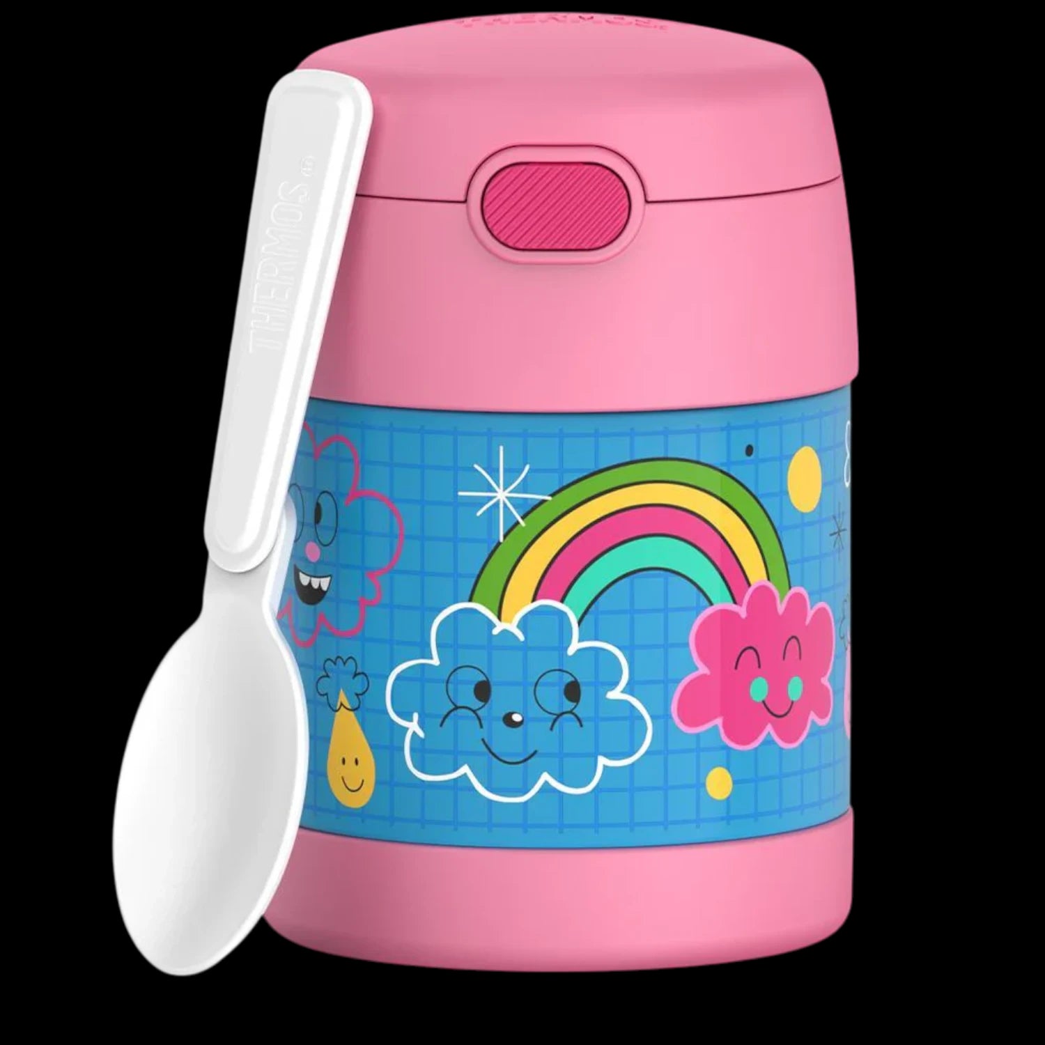 Pote Térmico Thermos ® 283g Funtainer infantil rosa com colher embutida e decoração de arco-íris e nuvens.